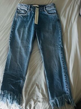 Zara Fringe Medium Wash Blue Denim Mom Jeans